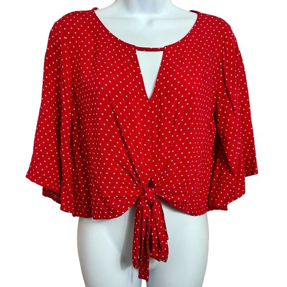 Mossimo Red Polka Dot Blouse Sz XS Front Tie V-Neck Keyhole Top Rockabilly Retro - Picture 1 of 7